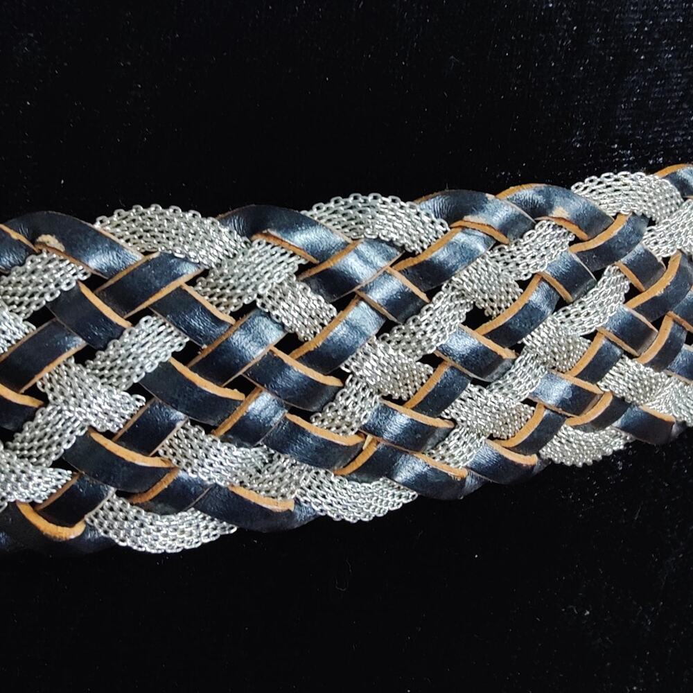 Another Line Woven Leather & Silver Mesh Belt S 34” Boho Western - Picture 2 of 8